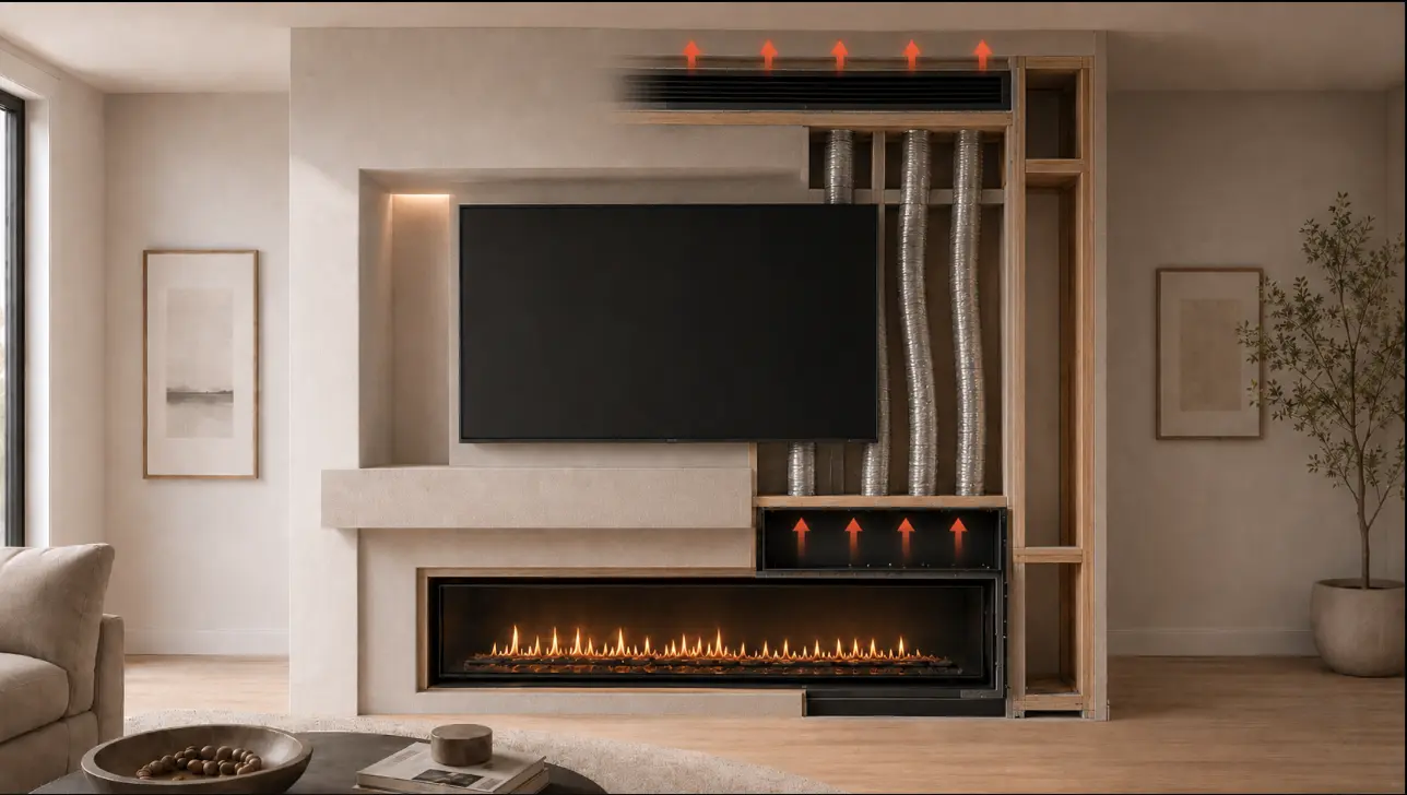 Mur de foyer au gaz en planification avec manteau, télévision et accès technique identifiés