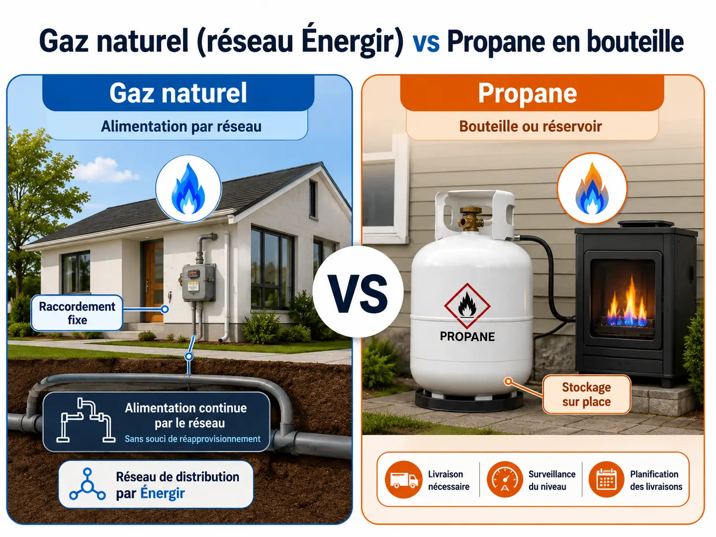 Foyer au gaz avec pictogrammes de réseau de gaz naturel et de réservoir de propane.