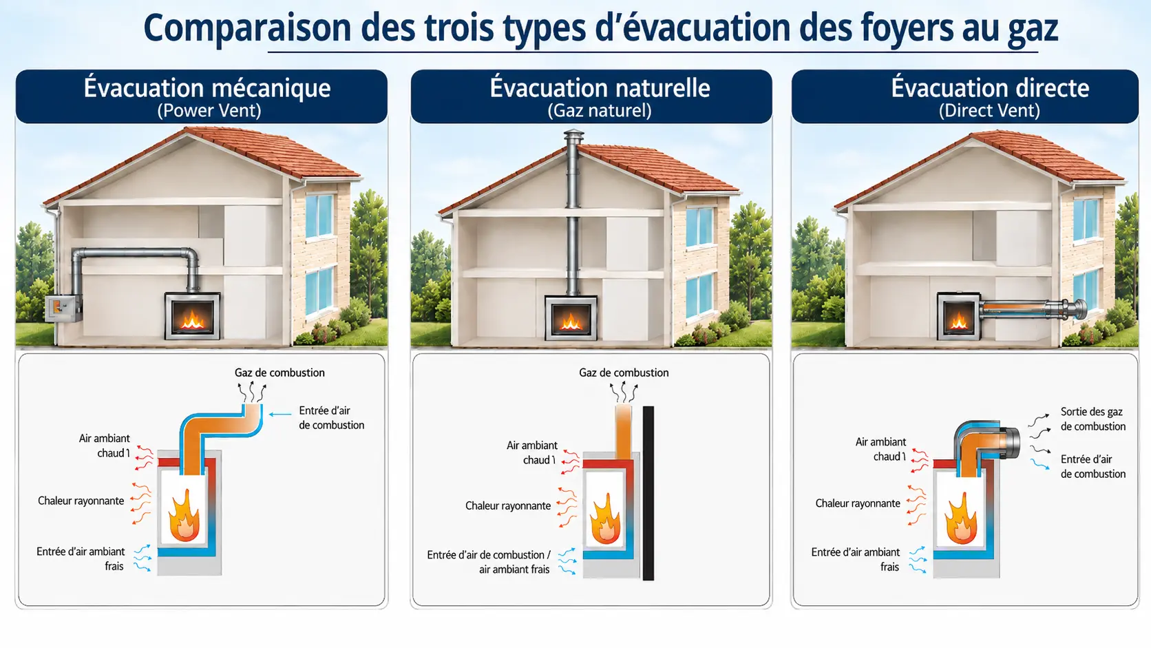 Schéma stylisé d’un foyer et de conduits d’évacuation avec des flèches.