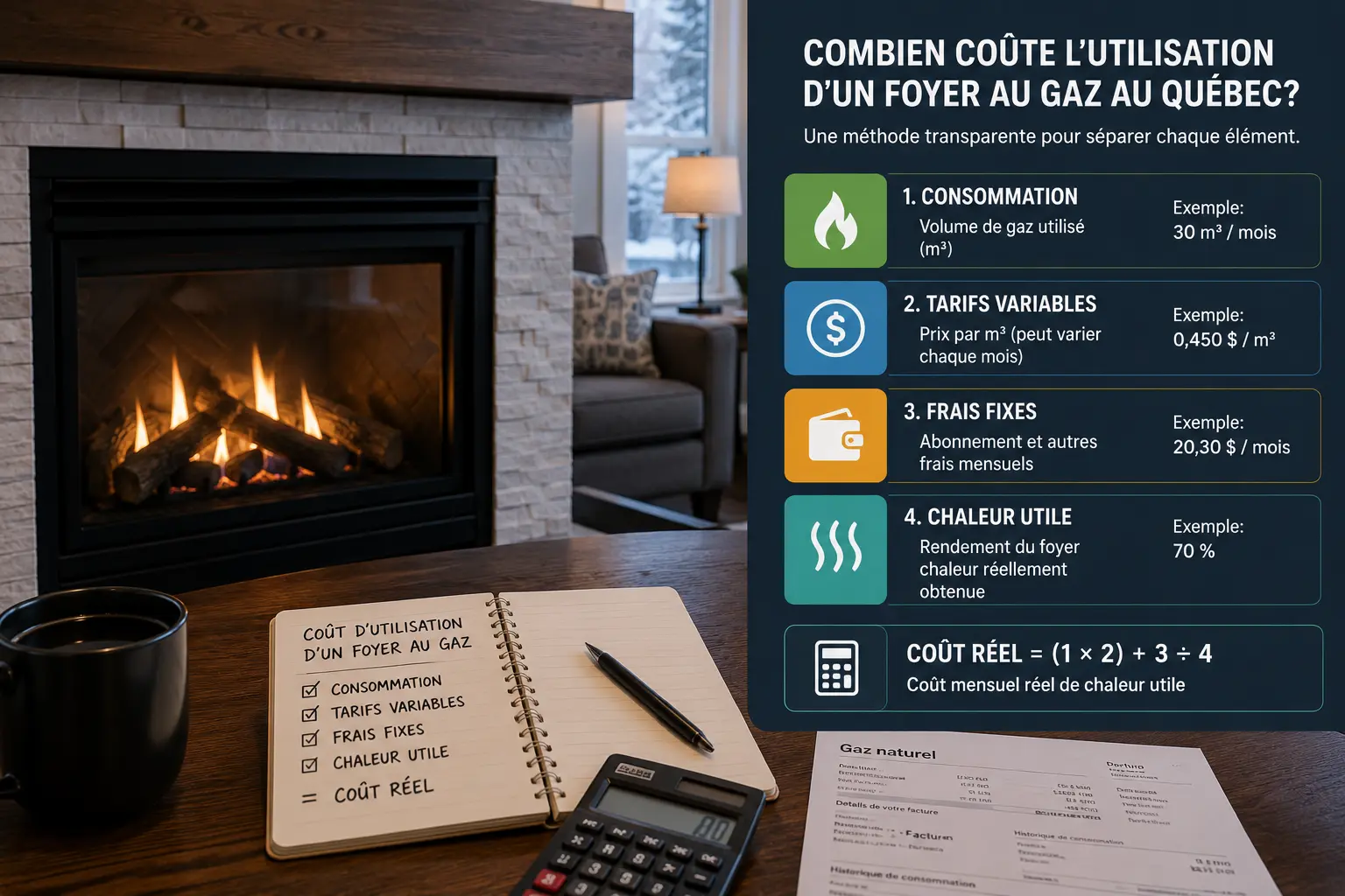 Calcul du coût horaire d’un foyer à partir de sa puissance et des lignes d’une facture de gaz.