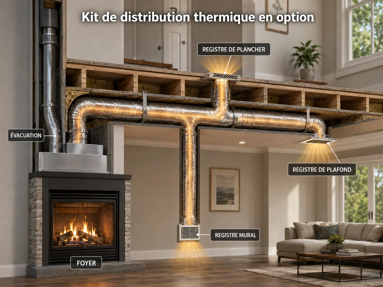 Schéma de quatre zones de chauffage reliées autour d’un foyer.